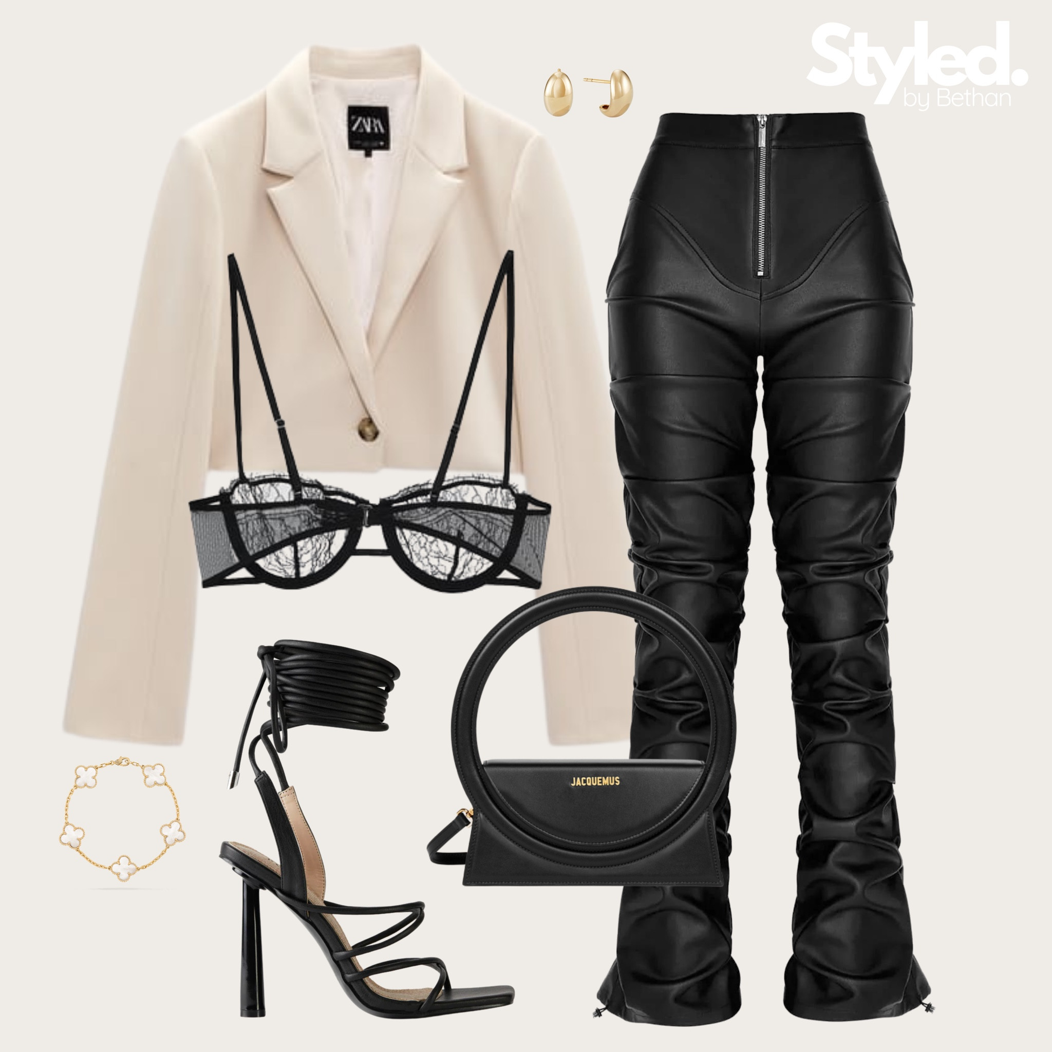 TGIF 🍸 tags: Zara cream cropped blazer, Zara black lace bra, Maniere de voir black leather trousers, oh polly black lace up heels, mejuri gold earrings, gold van cleef motif bracelet. Night out, bottomless brunch, dinner and drinks, girls night, date night, clubbing, cocktails outfit inspiration. 

#LTKshoecrush #LTKSeasonal #LTKstyletip