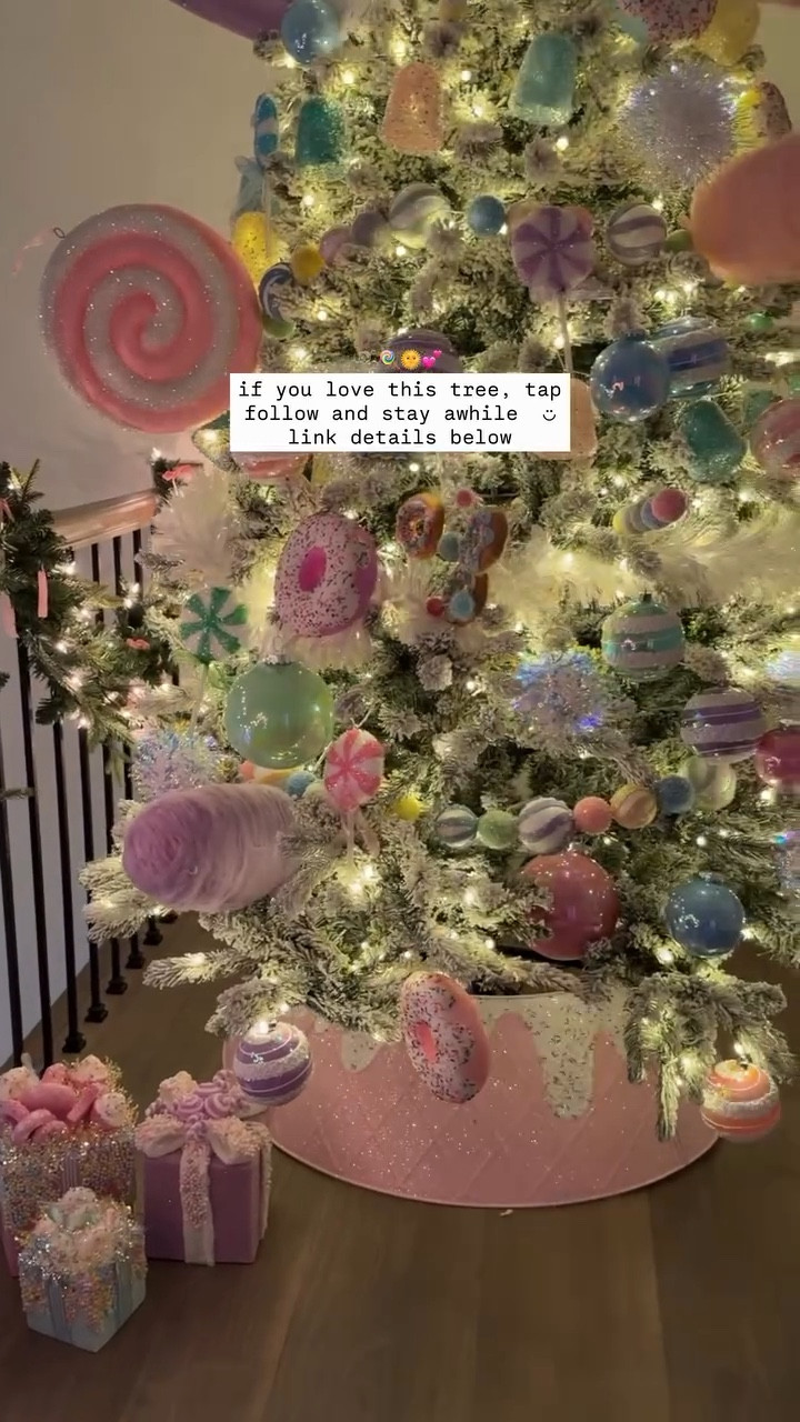the ultimate candy tree 🍭🍬🍩

if you loved this video, tap follow and stay awhile ◡̈ comment a ♥️ for linkable items to be sent to your DMs 

-tree is the 9ft queen flock from @kingofchristmas, more to come on these tree details 😍
-all candy decor/tree skirt  is from @hobbylobby
-sparkly ornaments are @target 

last year our rental was packed up so we wanted to make Xmas special with our new home. so our elf left a note saying Santa mixed up the address and we needed to go to the new house (that freshly got floors and paint the week of Xmas)! the rest of the house was a construction zone, but we got to have a unique memorable Christmas before we moved in. 

this is literally what I envisioned for the girls loft area, we added plugs to accommodate a tree and garland. I just love it! I added tiny pink bows to the garland (still need to finish this) which makes the entrance to their spaces so girly and fun 💕 
we actually did ALOT of home upgrades for the holidays, sharing those soon!
