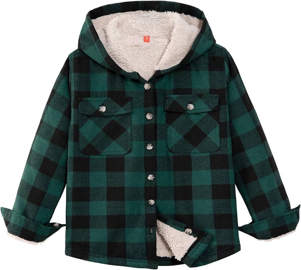 ZENTHACE Boys Sherpa Fleece Lined Flannel Plaid Button Down Shirt Jacket,Hooded Flannel Shirt wit... | Amazon (US)