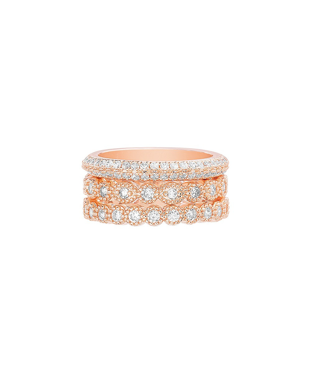 Cubic Zirconia & 14k Rose Gold-Plated Three-Piece Ring Set | Zulily