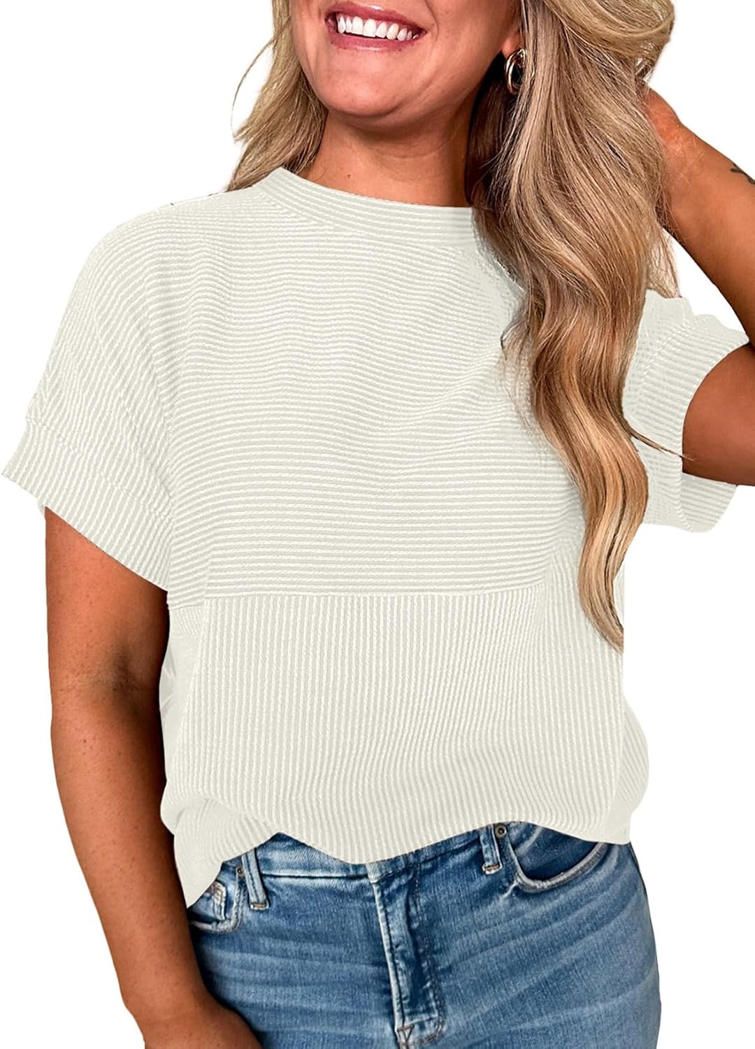 EVALESS Womens Tops Teacher Outfits Short Sleeve Cute Ribbed Stripes Tshirt | Amazon (US)