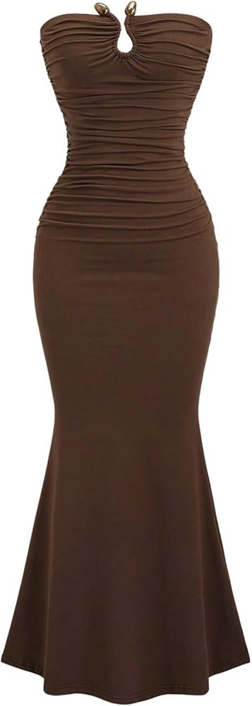 Milumia Women's Ruched Strapless Tube Dress Ring Fishtail Bodycon Maxi Going Out Dresses | Amazon (US)