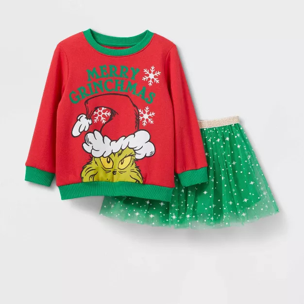Toddler Girls' The Grinch Merry Grinchmas Tutu Pullover Sweater - Green | Target