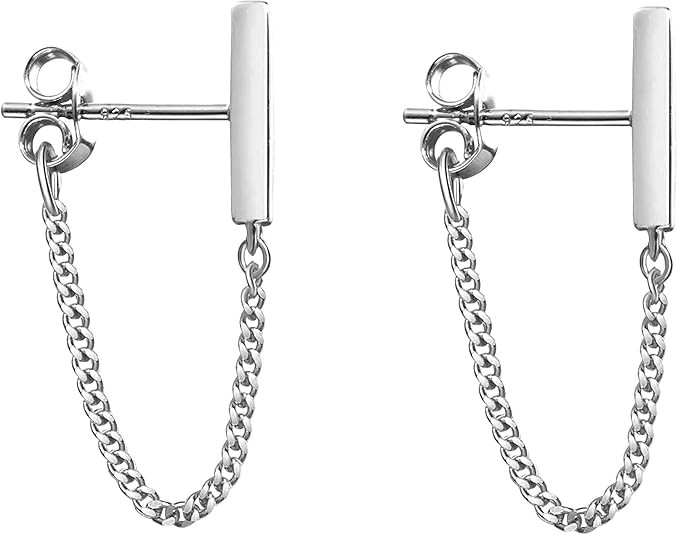 Reffeer 925 Sterling Silver Stud Earrings Minimalist Bar Earrings with Chain Dangle Earrings For ... | Amazon (US)