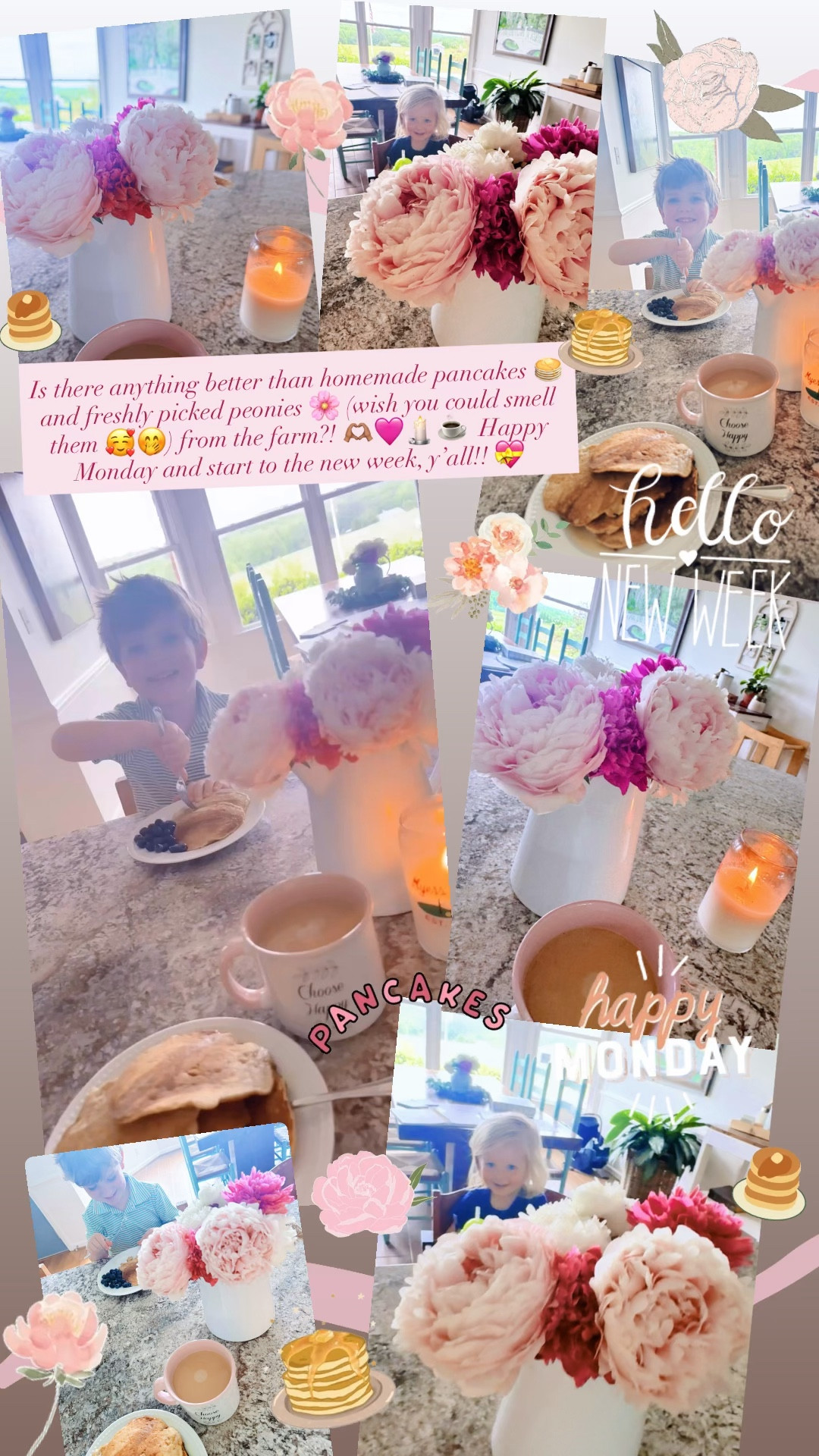 Is there anything better than homemade pancakes 🥞 and freshly picked peonies 🌸 (wish you could smell them 🥰🤭) from the farm?! 🫶🏽🩷🕯️☕️  Happy Monday and start to the new week, y’all!! 💝