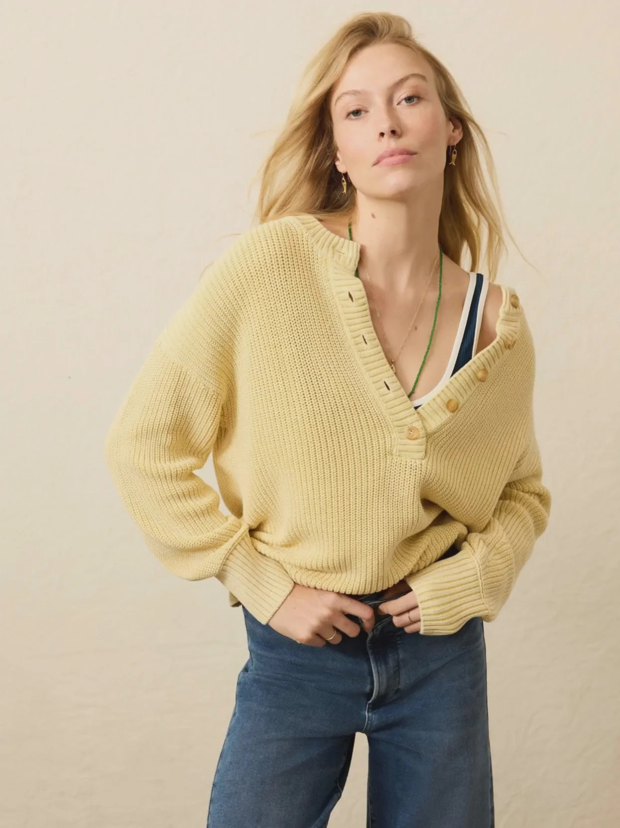 Sunwashed Cotton Fisherman Henley - Lemon Sorbet | Faherty