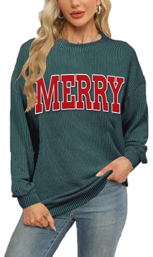 Ladicme Christmas Sweatshirts for Women Merry Sweater Letter Print Striped Crewneck Sweatshirt Holiday Long Sleeve Pullover Green | Amazon (US)