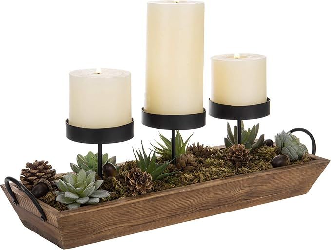 MyGift 3-Pillar Black Metal Candle Holder with Rustic Wood Tray and Handles, Tabletop/Mantel Cent... | Amazon (US)