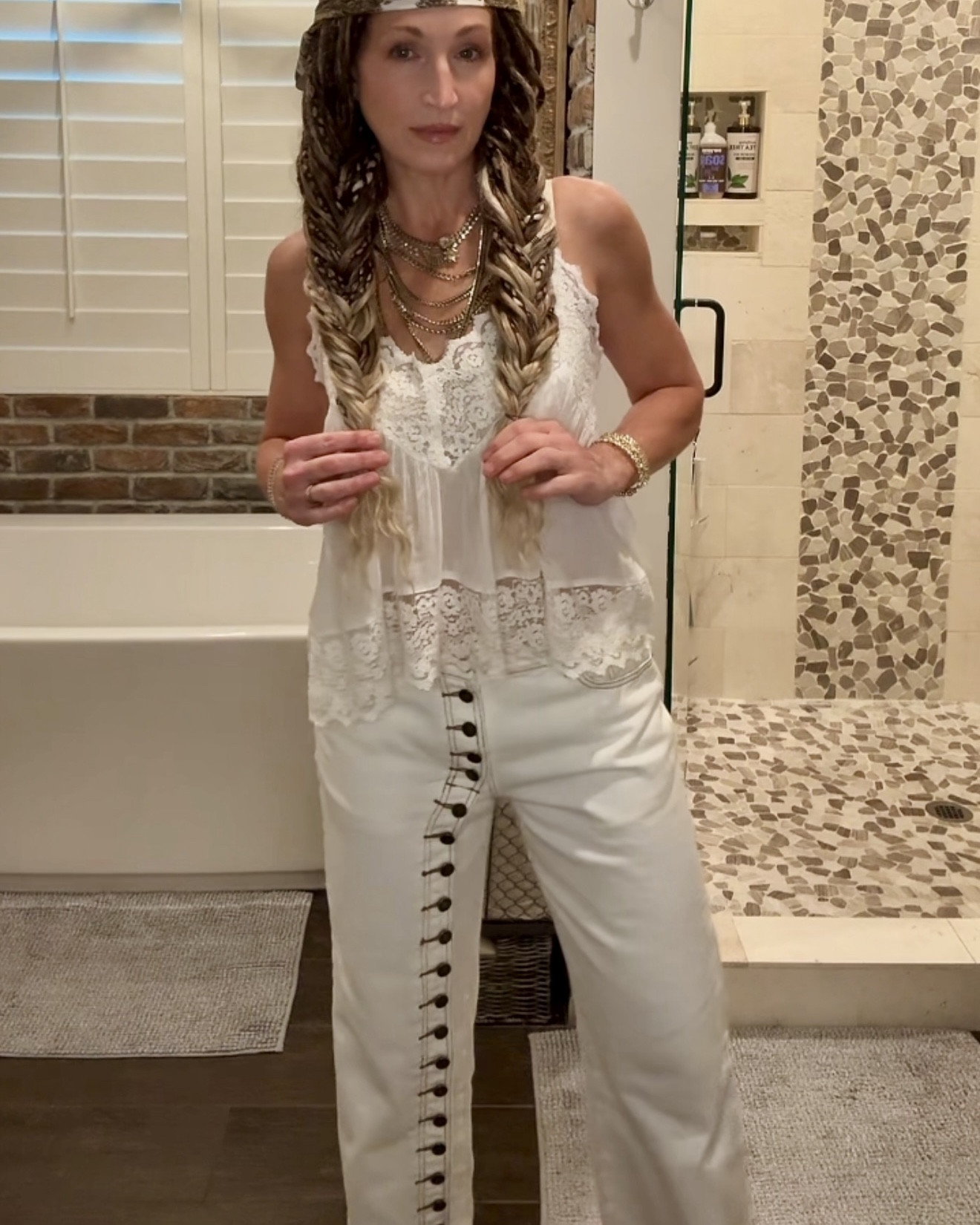 Everything I am wearing blends seamlessly together for an ultimate hippie bohemian energy. The pants. Oh my gosh. People will stop you. They’re denim and super comfy and available in other colors. True to size and they do stretch as you wear them. The cami is a layering dream piece with adjustable straps. I’ve worn mine a ton—over other things and under others!  It’s very versatile and has adjustable straps. The scarf is neutral and, with my large head of hair—I can’t usually get a scarf to look good. But this one worked!!!  I wore this outfit with Ugg-like platform slippers for comfort!  I like to pull out a bunch of stuff I love and try it all together. Here…the layers of lace, silk, buttons, and brushed gold came together for a comfortable edgy vibe. The necklace is sold out at FP…I tagged a silver one I found on Poshmark for you ❤️

#LTKootd #LTKdayinmylife #LTKselfcare