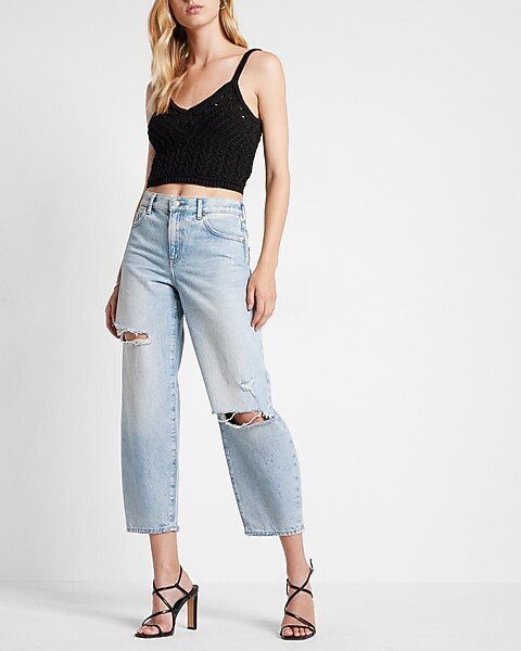High Waisted Light Wash Ripped Balloon Leg Jeans | Express