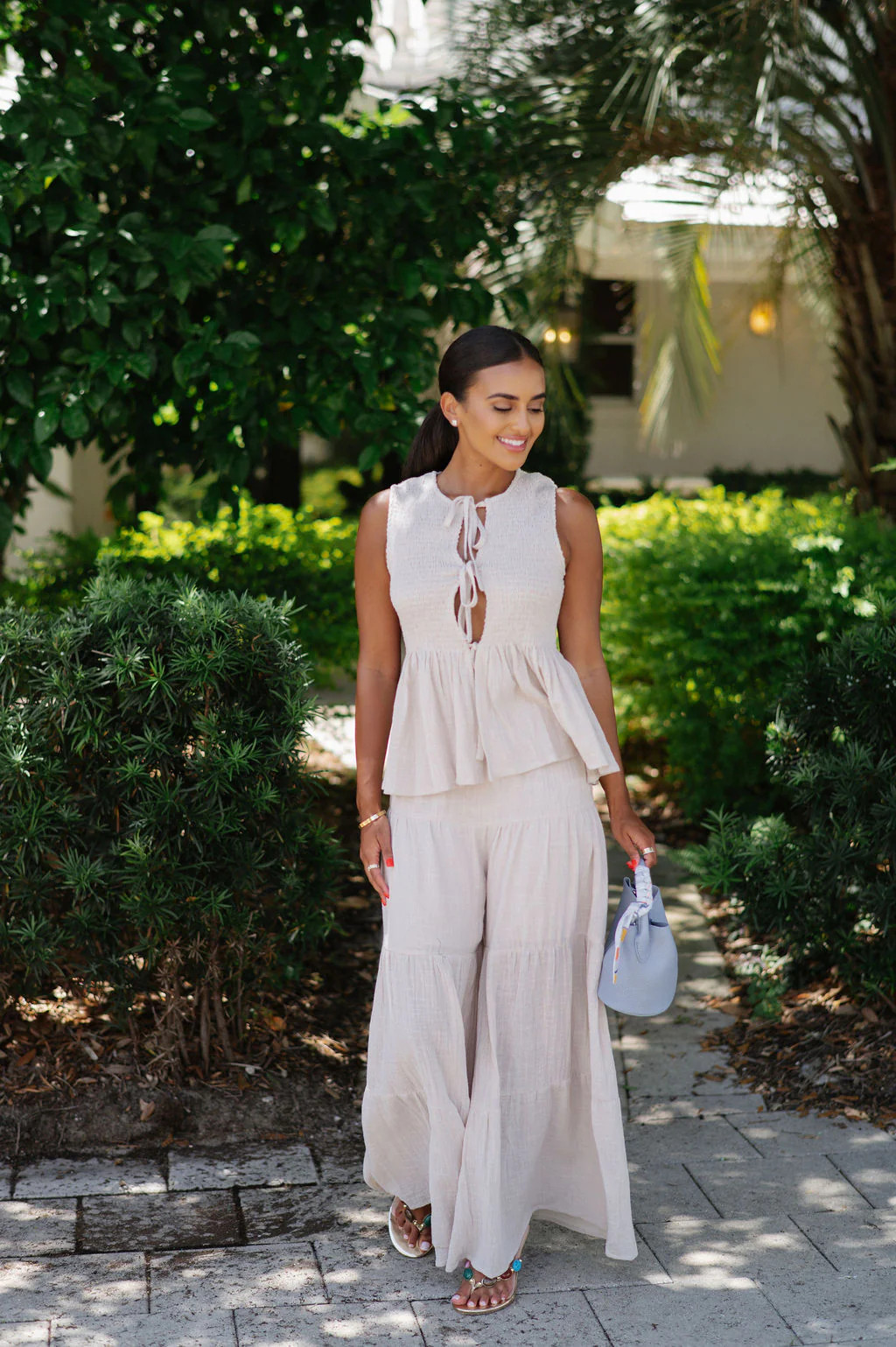 Peplum Tiered Pants Set-Natural | These Three