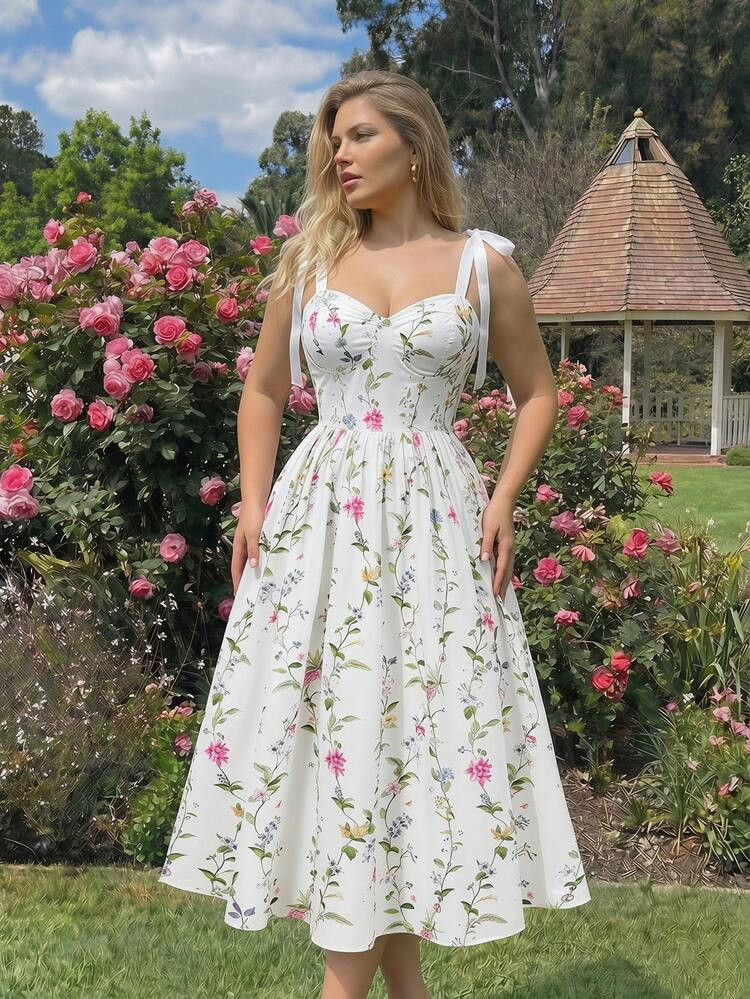 SHEIN MOD Plus Size Women's Floral Print Tie Shoulder Elegant Midi Dress, Suitable For Vacation,Summer,Vacation Outfits, Retro, Vintage,Country Outfits, Going Out,Teacher Outfits For Women,Date, Picnic, Party, Prom, Festival,Birthday Wear, Cottagecore Dress,Tea Party Dress,Milkmaid Dress,French Style Dress,Floral Print Dress | SHEIN