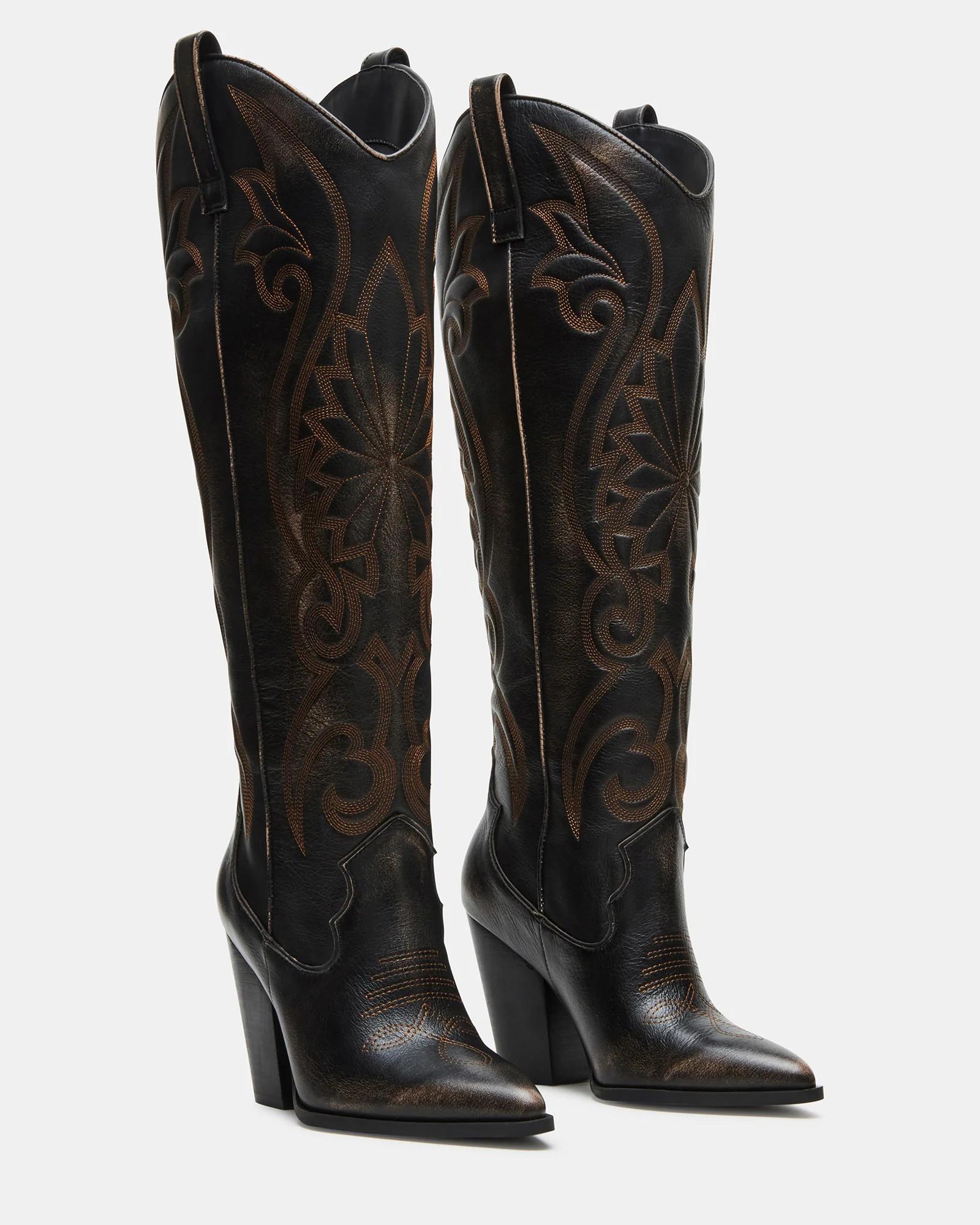 LASSO Brown Distressed Wide Calf Western Boot | Women's Boots | Steve Madden (US)