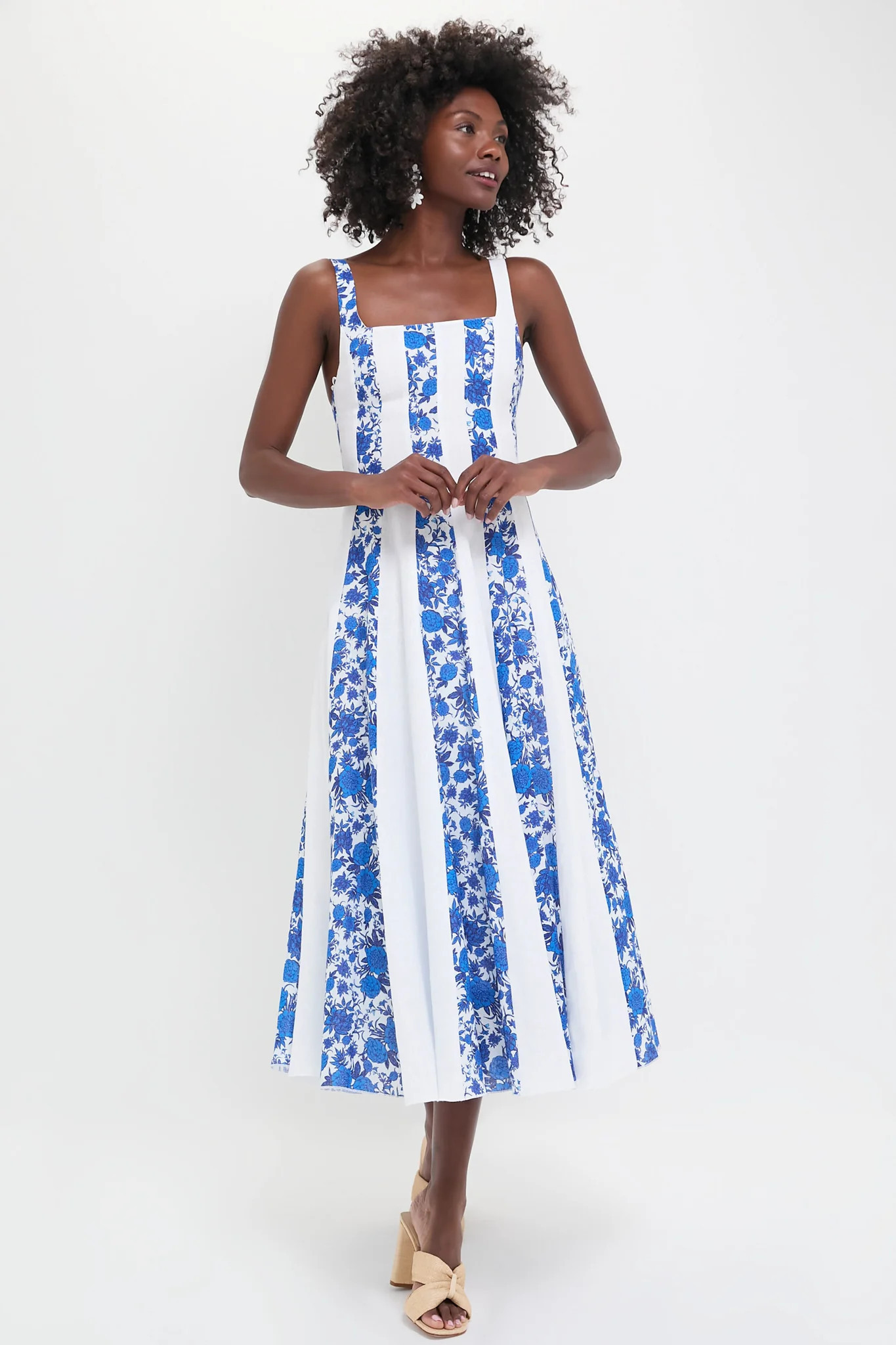 White and Blue Floral Linen Midi Dress | Tuckernuck (US)