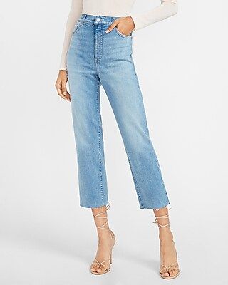 Super High Waisted Faded Raw Hem Straight Jeans | Express