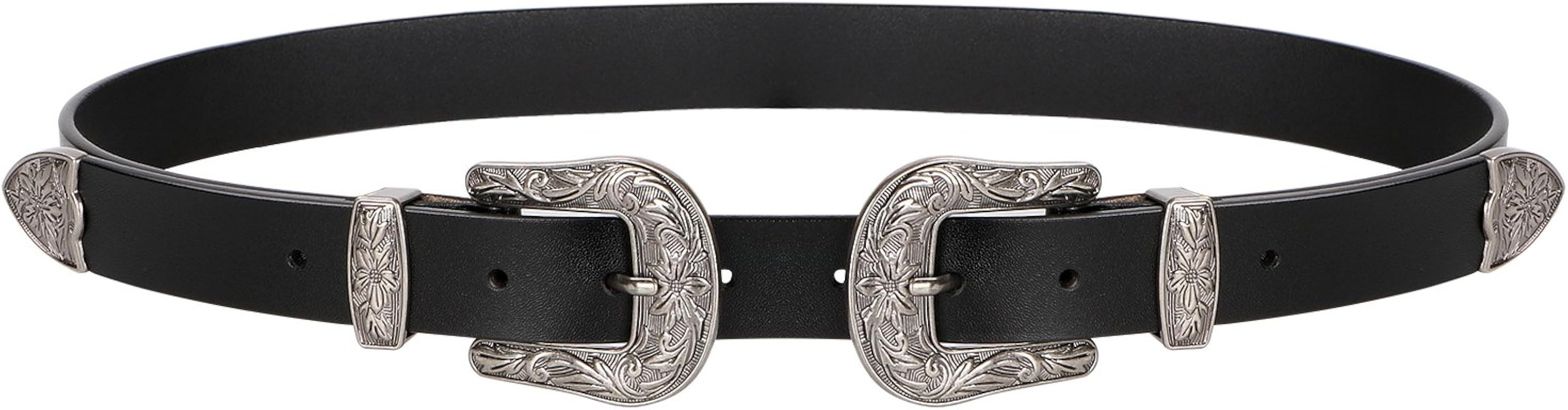 Women Vintage Western Leather Jeans Belts Ladies Designer Dress Belt Silver Buckle | Amazon (US)