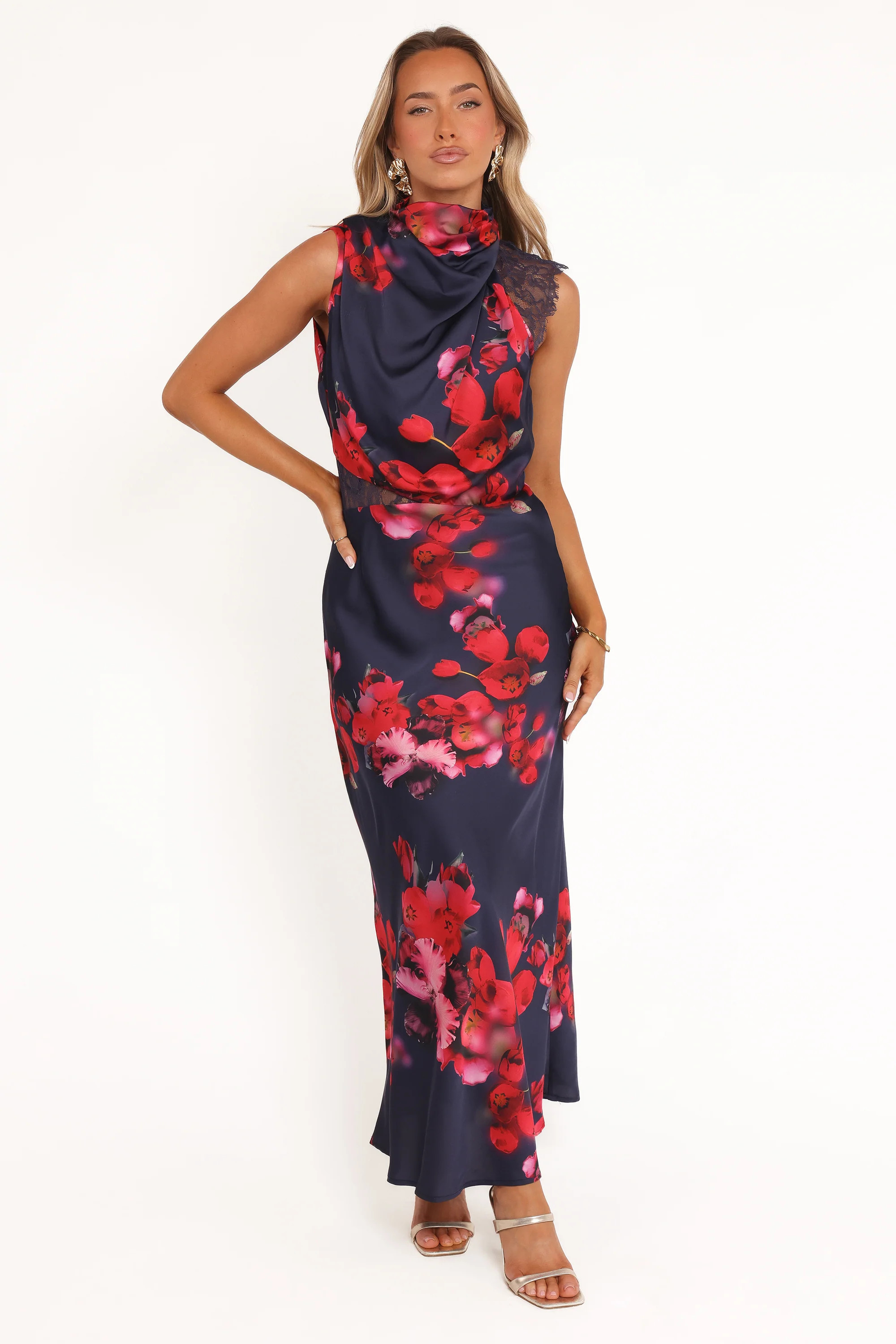 Anabelle Halter Neck Lace Maxi Dress - Navy Floral | Petal & Pup (US)