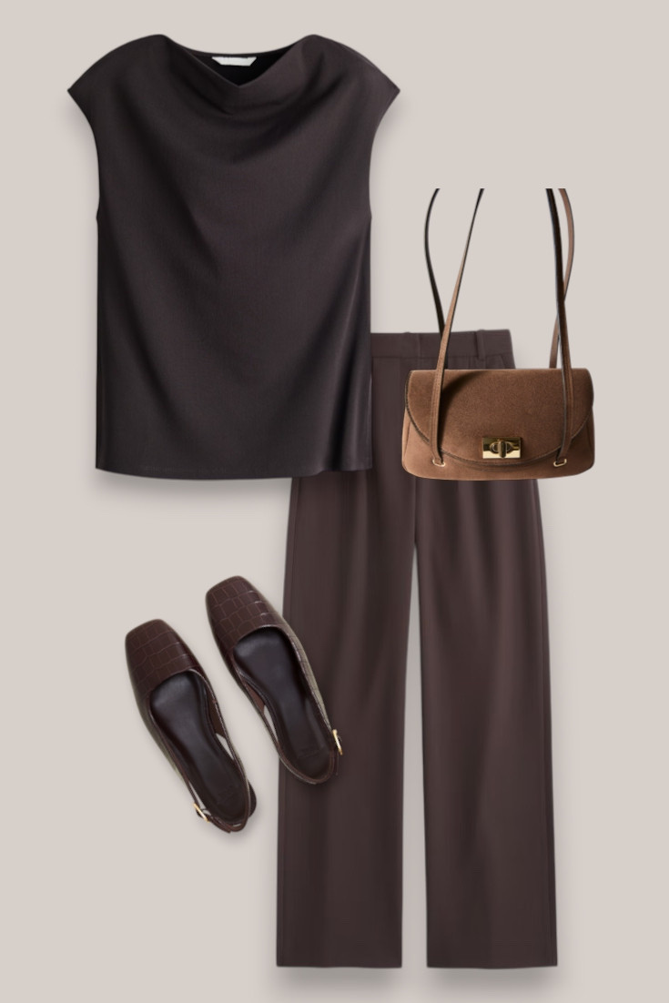 Tonal Chocolate Brown Dressy Outfit
A chocolate brown outfit I’d wear for dinner or drinks 🤎 The draped top and wide-leg trousers almost look like a jumpsuit together, finished with dark brown flats and suede accessories.

#LTKautumn #LTKworkwear #LTKstyletip