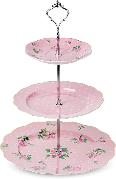 BTaT- Floral 3 Tier Cake Stand, Porcelain, Pastel Pink with Pink Roses & Gold Trim, 3 Tiered Dess... | Amazon (US)