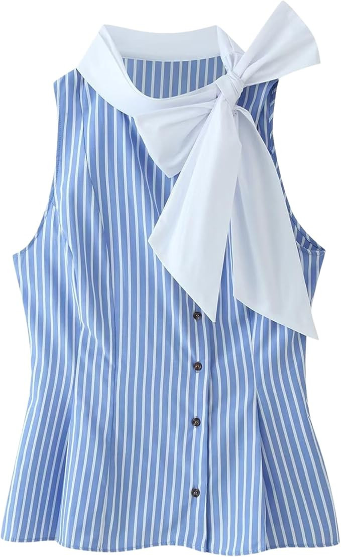 Chevara Women’s Sleeveless Striped Blouse Bow Tie Collar Fitted Tank Top | Amazon (US)