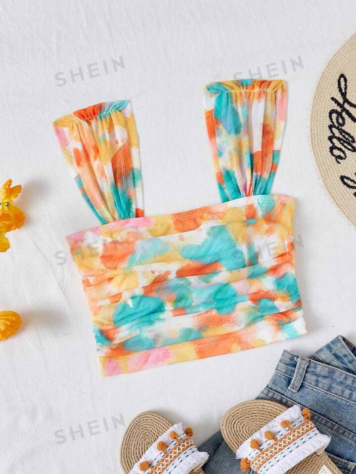 SHEIN WYWH Vacation Beach Leisure Colorful Tie-Dye Square Neckline Pleated Cropped Tank Top With ... | SHEIN