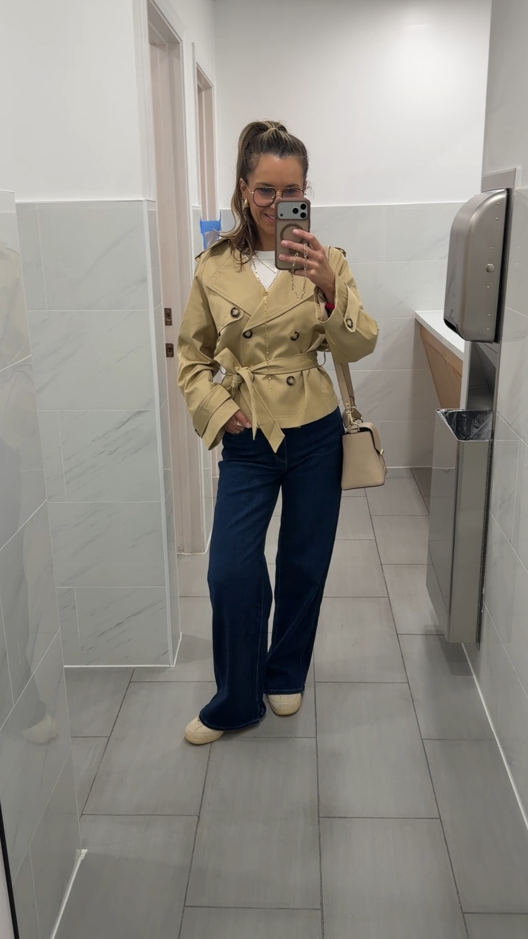 Short crop trench coat sz S 
Use my discount code justglow011_12 for 12% off

Blue wide leg  jeans sz 27
I’m 5’5” 122 lbs 

Beige Adidas Samba 1/2 sz down

Whote t shirt size up - high quality t shirt!



#LTKWorkwear #LTKSeasonal #LTKFindsUnder100