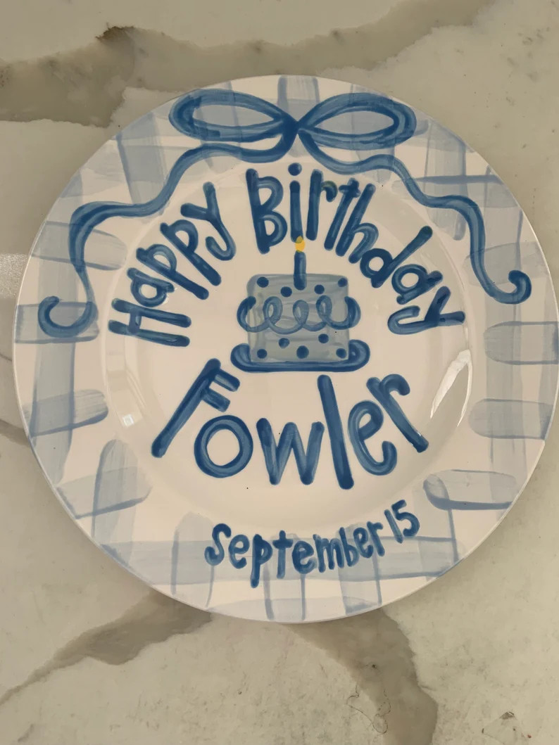 Boys Preppy Birthday Plate // Blue Gingham and Ribbon // First Birthday // Blue and White // Smas... | Etsy (US)