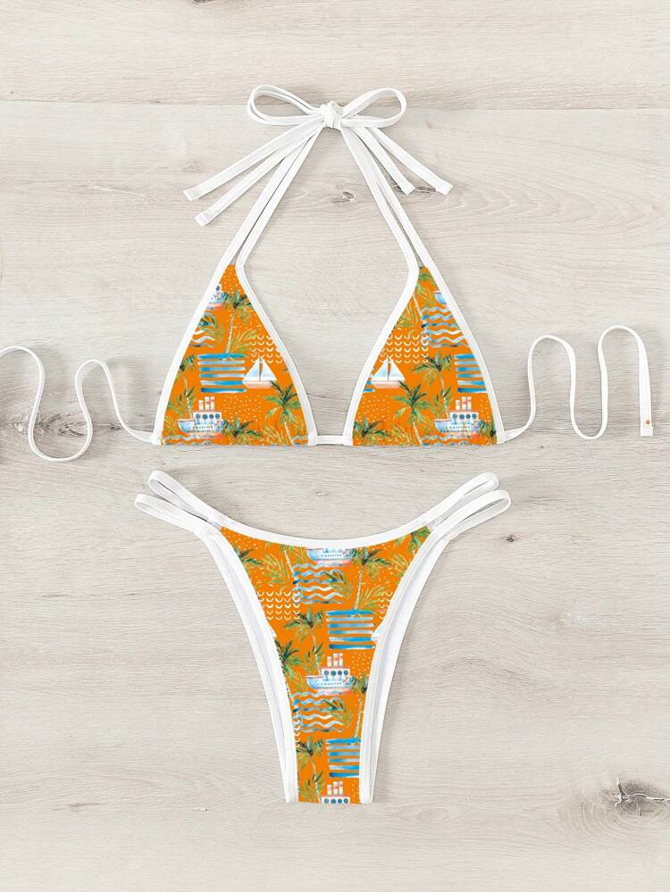 Boat & Tropical Print Triangle Bikini Swimsuit | SHEIN