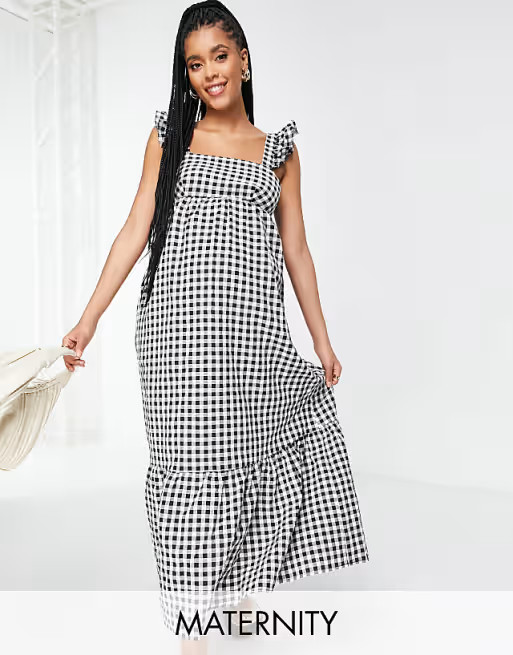 Fashion Union Maternity maxi beach dress with frill detail in gingham | ASOS (Global)