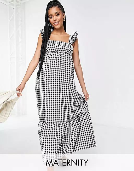 Fashion Union Maternity maxi beach dress with frill detail in gingham | ASOS (Global)