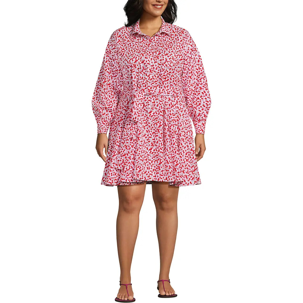 Lands' End Plus Size Poplin Button Front Dress with Godets in White/coral Red Painted Posies at Nordstrom, Size 3X | Nordstrom