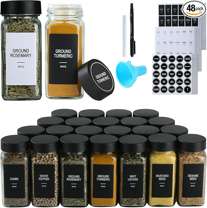 48 Glass Spice Jars with Labels,Spice Jar Set,4oz Seasoning Containers,Spice Containers with Blac... | Amazon (US)