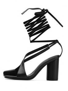LocalSummer Sandals For Women Block Heel Open Toe Sandals Roman Sandals With Lace Up Ankle Strap ... | SHEIN