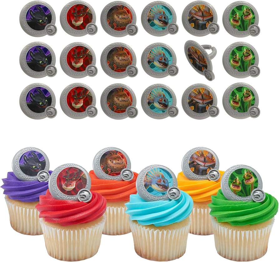 How To Train Your Dragon Rings, 24 Cupcake Toppers, Bright Colorful Dragon Shield Cupcake Decorat... | Amazon (US)