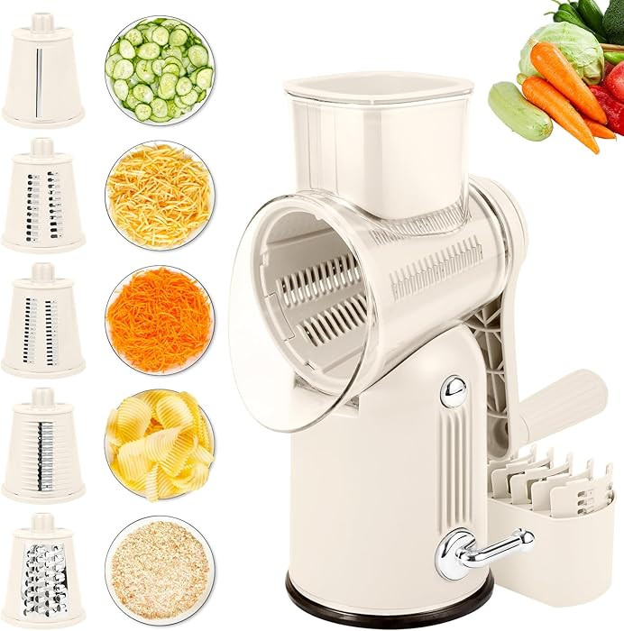 Rotary Cheese Grater with Handle: 5-in-1 Cheese Grater Hand Crank, Strong Suction Base for Fruit ... | Amazon (US)