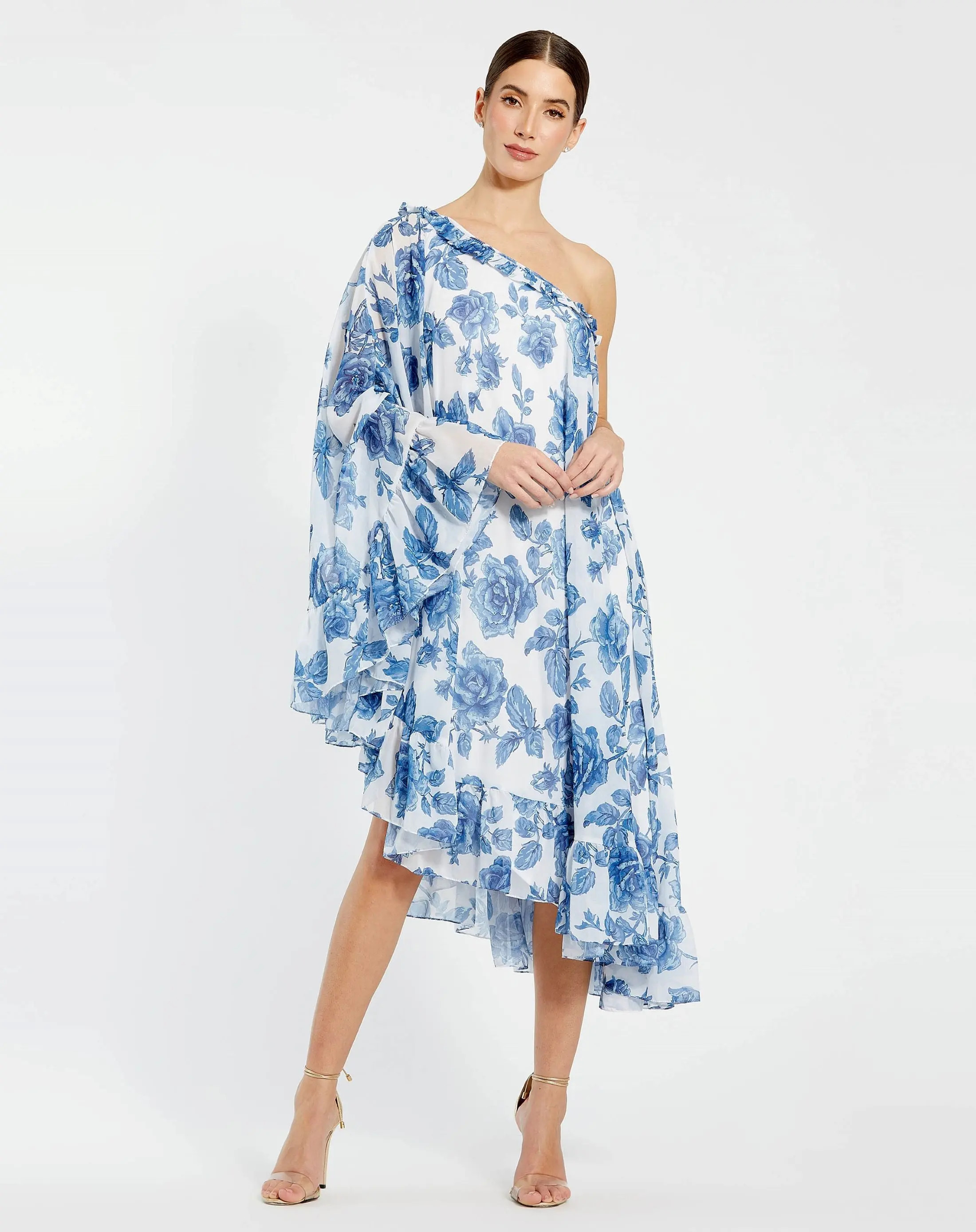Mac Duggal - White and Blue Floral Print One Shoulder Cape Dress - White Multi / US 14 | Mac Duggal