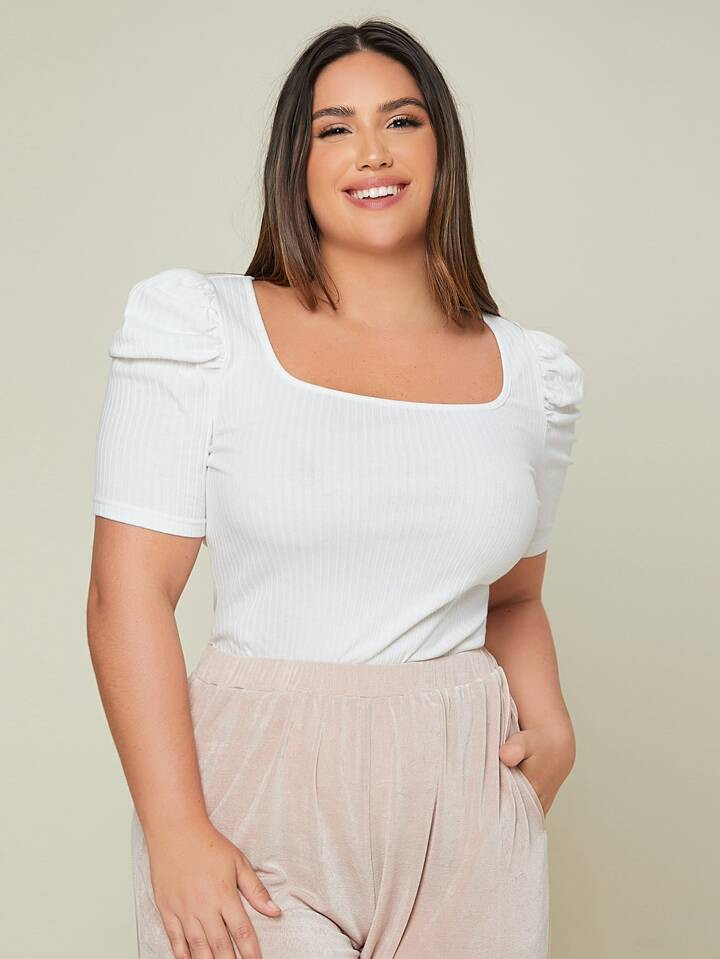 SHEIN Privé Plus Ribbed Knit Scoop Neck Puff Sleeve Tee | SHEIN