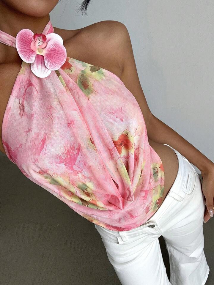 Aloruh Women's Elegant Vacation Romantic Date Beach Top 3D Floral Knitted Mesh Print Halter Neck Top Vest Pink Floral Print Draped Halter Neck Backless Sexy Tank Top | SHEIN