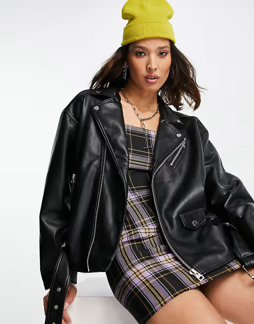 Topshop faux leather oversized biker jacket in black | ASOS (Global)