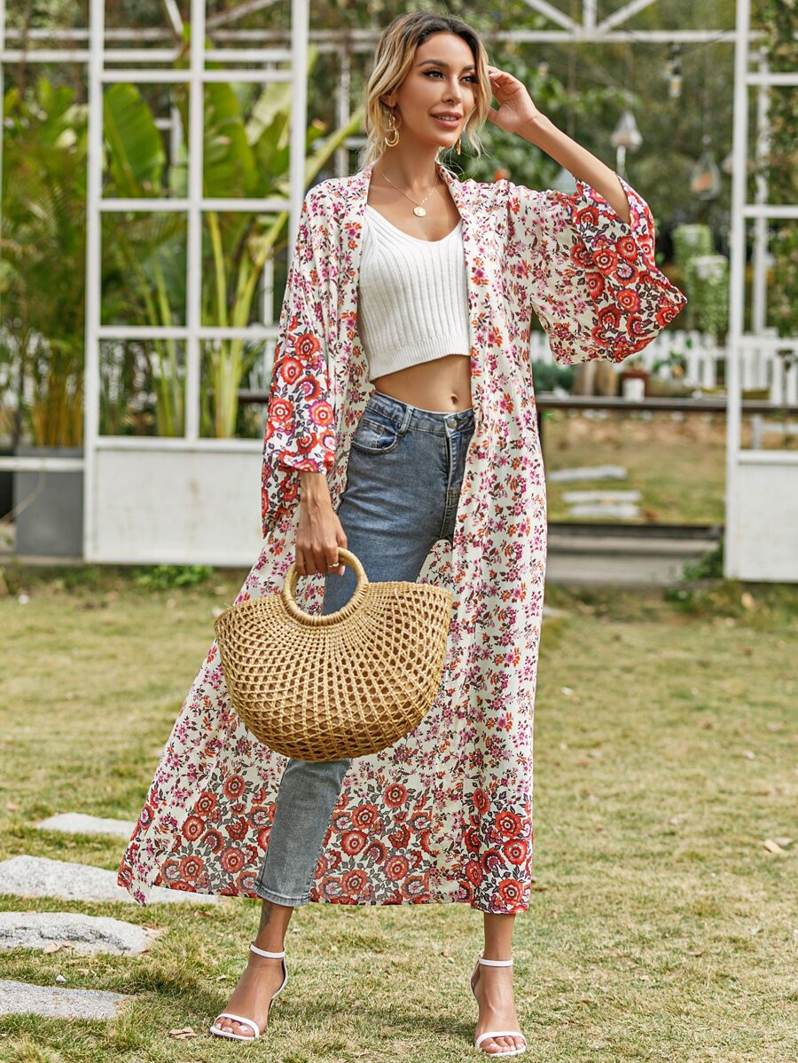 Floral Print Open Front Kimono | SHEIN