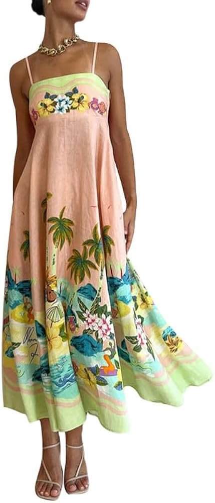 NUFIWI Women Boho Graffiti Cami Long Dress Graphic Spaghetti Strap Flowy Swing Maxi Dress Square ... | Amazon (US)