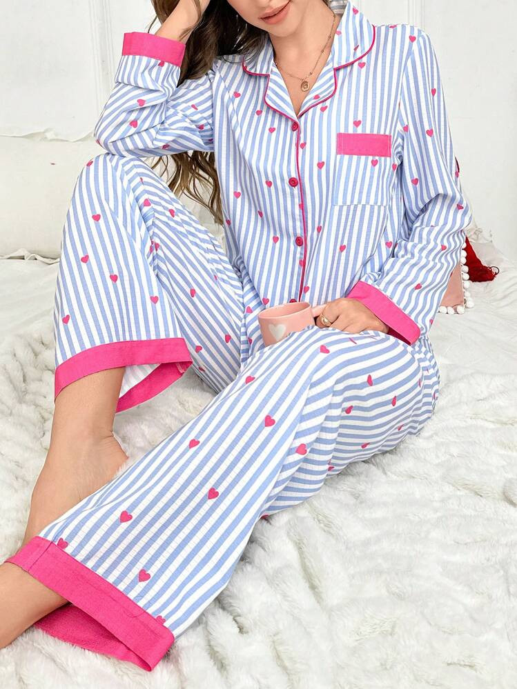 CottageSlumber Striped Heart Patchwork Top & Pants 2pcs Pajama Set, Fall Winter Clothes Cozy And Elegant Details | SHEIN