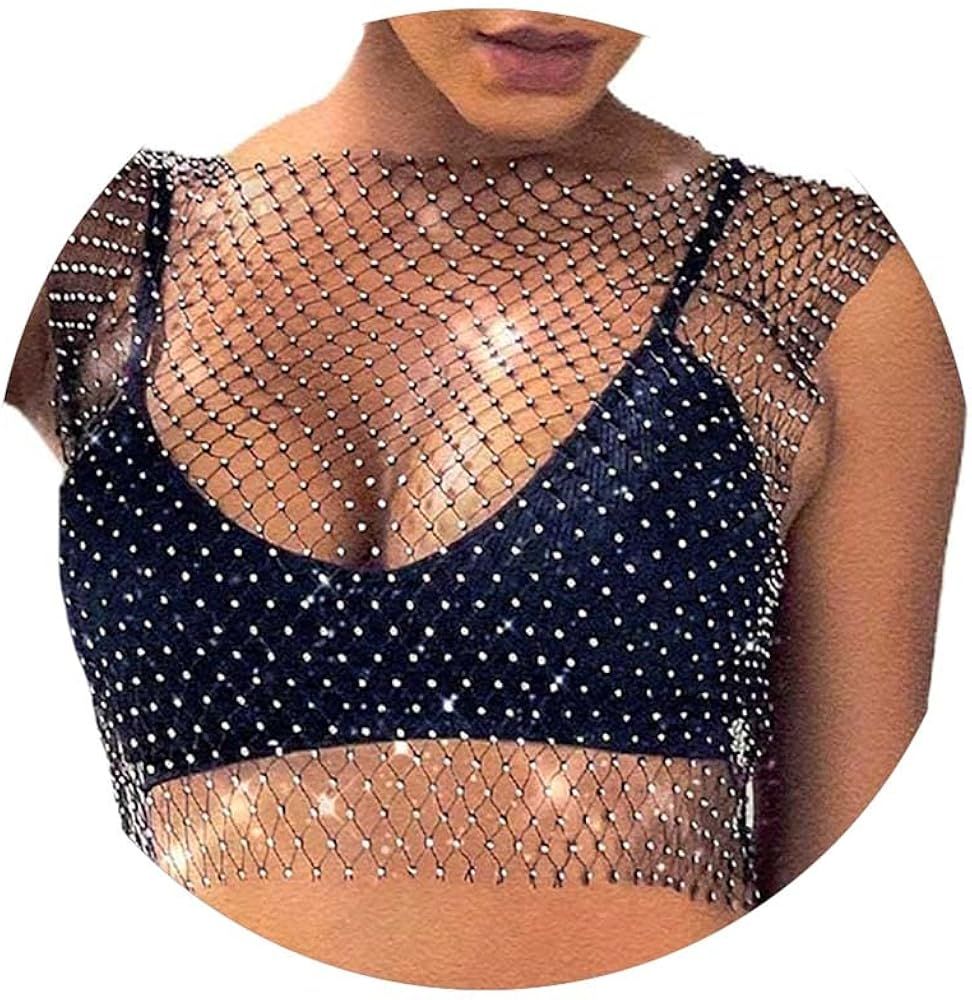 Fstrend Women Rhinestone Crop Tops Fishnet Mesh See Through Cover up Sexy Nightclub Bikini Rave F... | Amazon (US)
