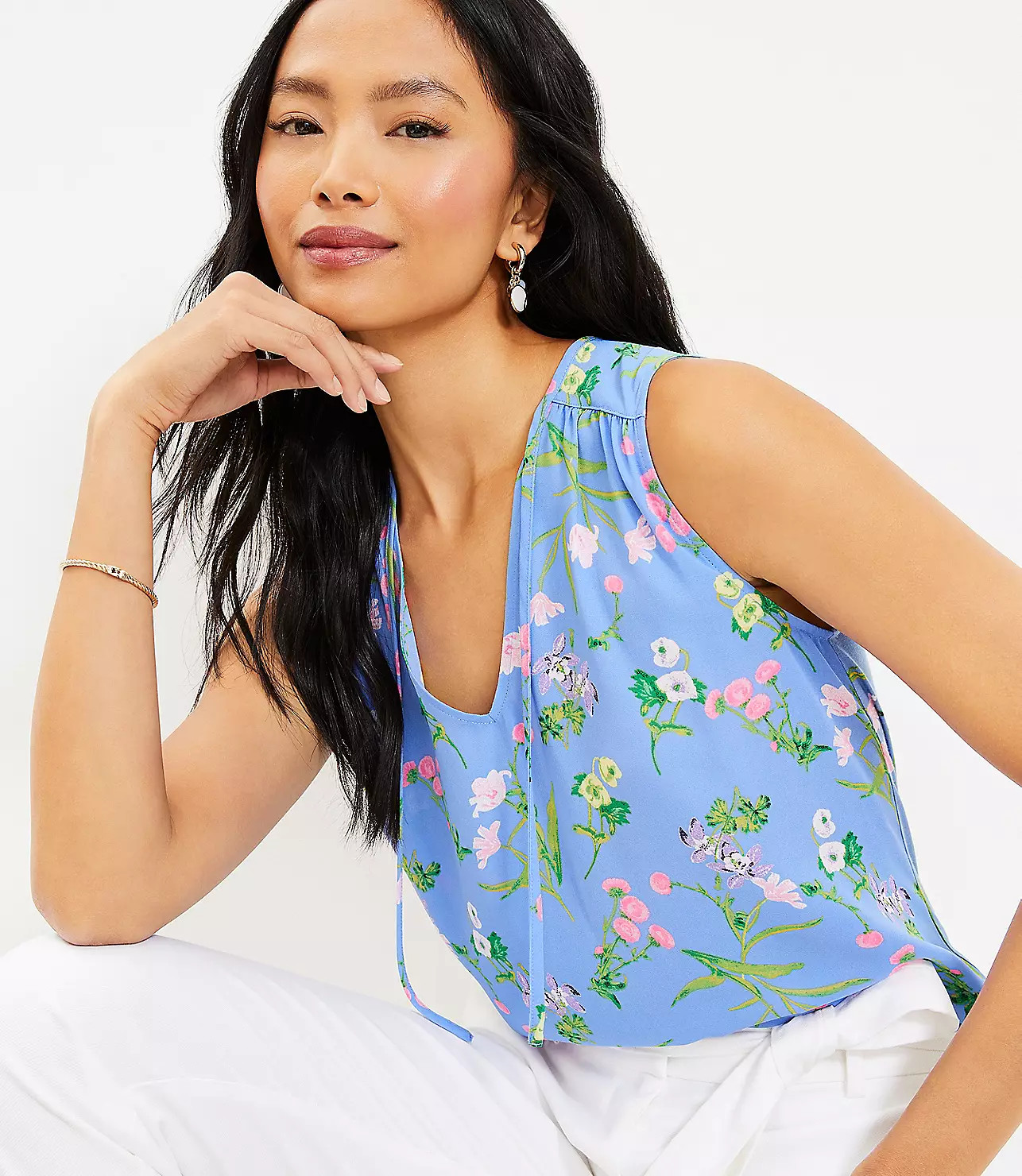 Garden Tie Neck Mixed Media Shell | LOFT