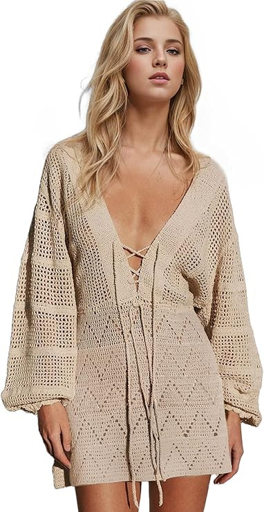 EDOLYNSA Crochet Swimsuit Coverup for Women Long Sleeve Knit Mini Beach Dress Bathing Suit Cover ... | Amazon (US)