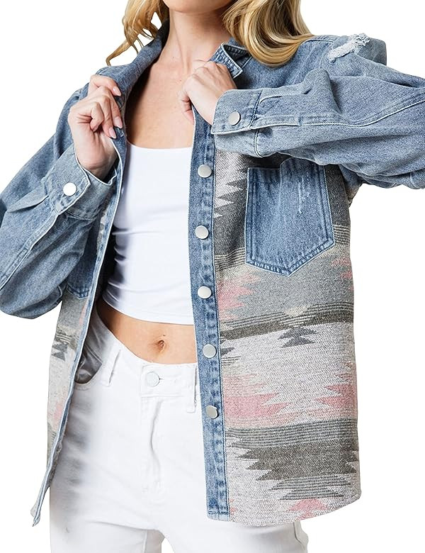Lumister Women's Aztec Denim Jacket Distressed Lapel Long Sleeve Vintage Button Down Denim Jacket Sh | Amazon (US)