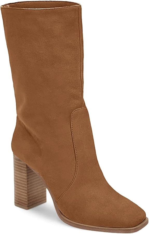 Juliet Holy Women’s Mid-calf Boots Chunky Stacked Heel Square Toe Side Zipper Slip-on Suede Win... | Amazon (US)