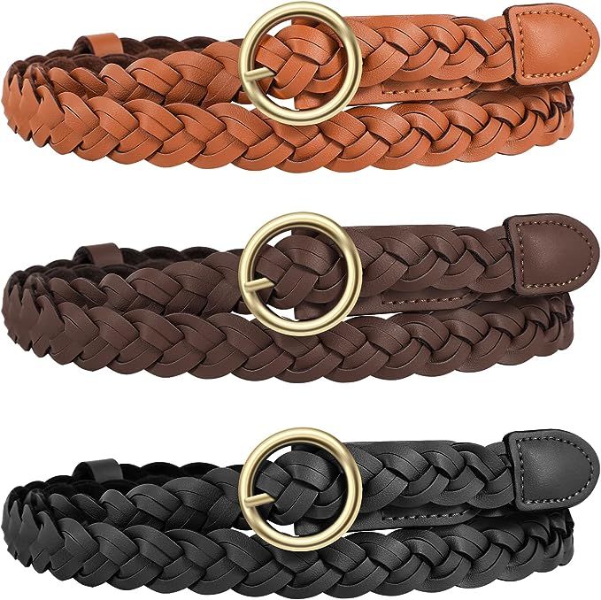 WERFORU 3 Pack Women Braided Skinny PU Leather Thin Woven Belt for Jeans Dress | Amazon (US)