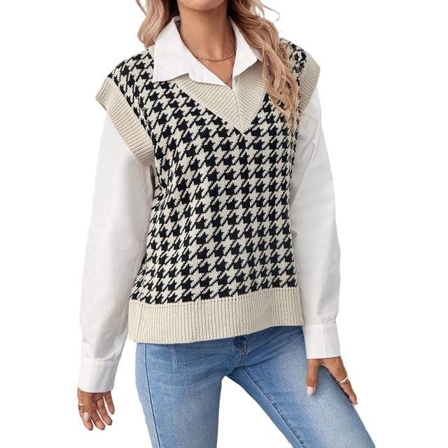 Womens Sweater Vests Casual Houndstooth V neck Black and White M | Walmart (US)