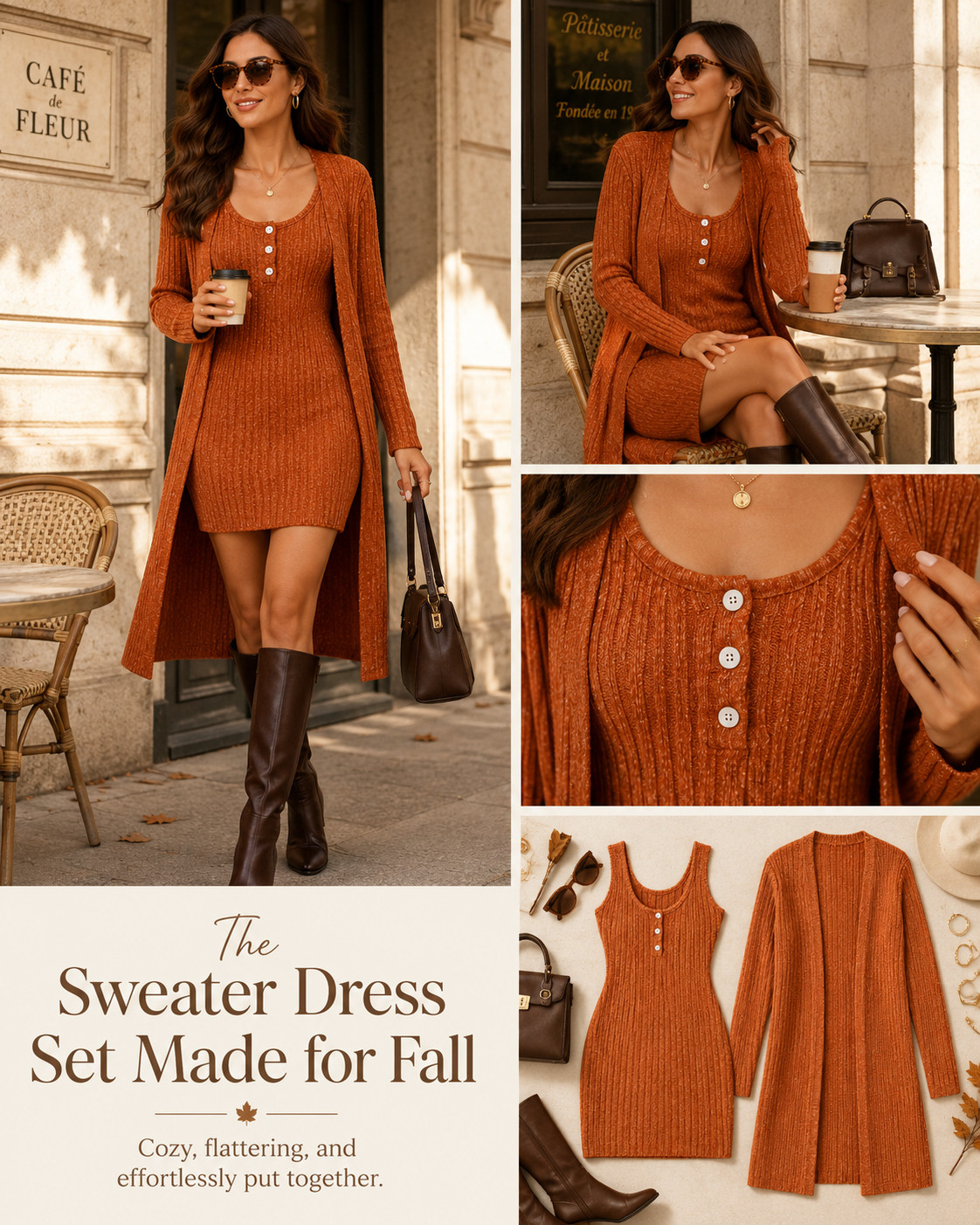The SOLY HUX rust sweater dress set that captures everything we love about fall in one effortless outfit. 🍁🤎

This SOLY HUX 2-piece sweater dress set pairs a flattering ribbed-knit bodycon mini dress with a coordinating long open-front cardigan, giving you an instantly polished layered look without the outfit planning. 

The warm rust-orange color feels rich, seasonal, and expensive-looking, while the soft knit keeps the entire set cozy enough for all-day wear.

The scoop-neck dress features a feminine button-front detail and a streamlined fit that beautifully defines your shape. 

Add the long cardigan for warmth and coverage, or wear the mini dress alone for date night, dinner, or a fall event. Style the full set with chocolate-brown knee-high boots, delicate gold jewelry, tortoiseshell sunglasses, and a structured handbag for the ultimate elevated fall outfit.

Perfect for brunch, coffee dates, winery days, Thanksgiving, family photos, weekend trips, casual office days, and fall date nights. 

You can also rewear the cardigan with jeans, leggings, and neutral basics, making this Amazon sweater set even more versatile.

📌 SAVE this cozy rust sweater dress set before your size sells out!

Everything is linked! ↓

#LTKActive #LTKSaleAlert #LTKTravel